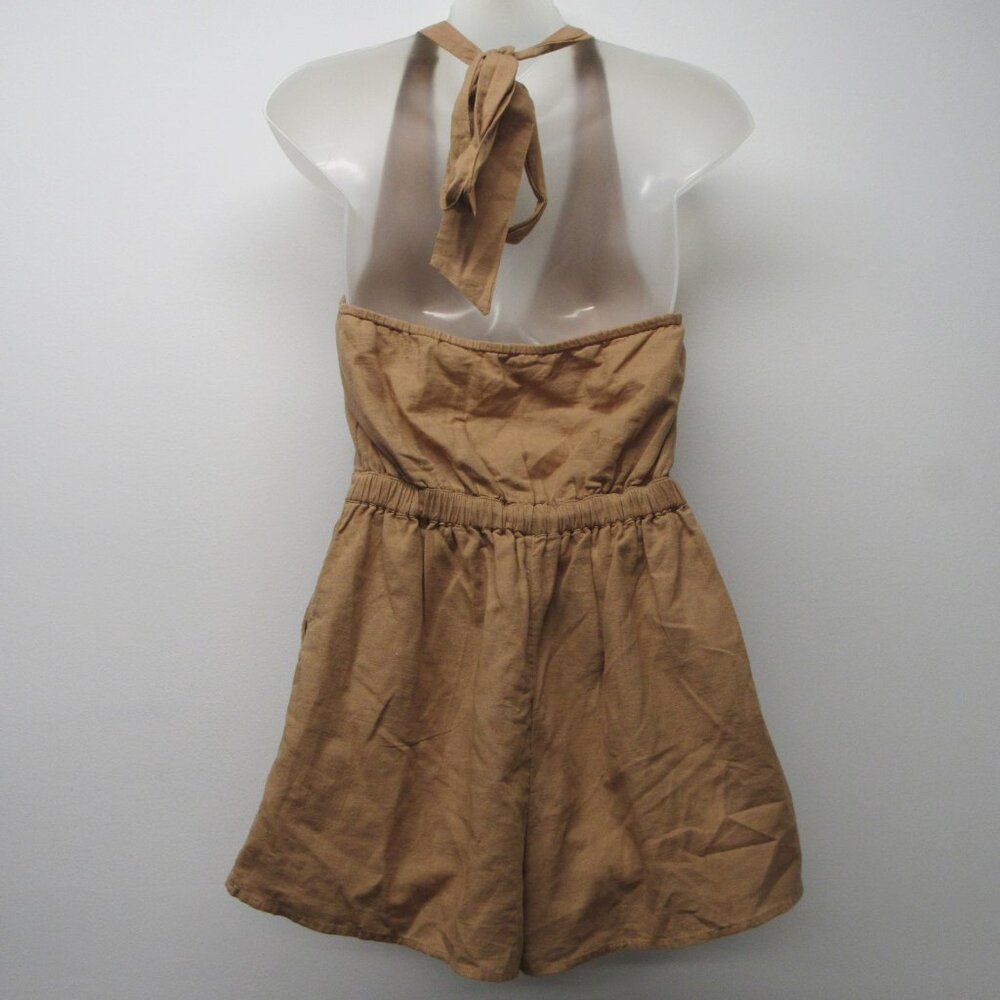 NWT American Eagle Linen Blend Tan Halter Romper Shortall sz XS Boho Vacation - Picture 2 of 3